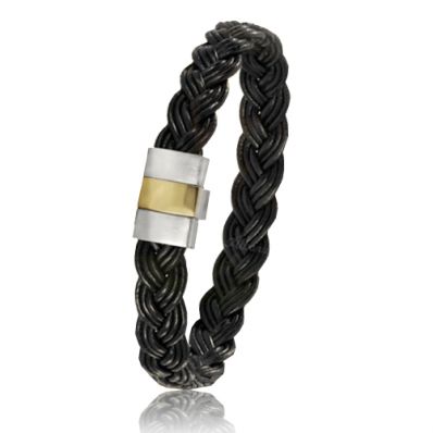 Bracelet en cuir noir, fermoir en or et acier