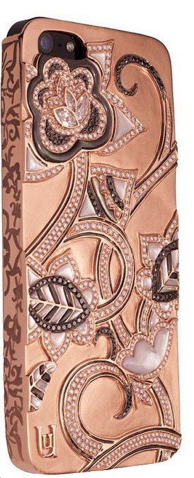 Coque pour iPhone 5 avec or rose, cuirs italiens et diamants