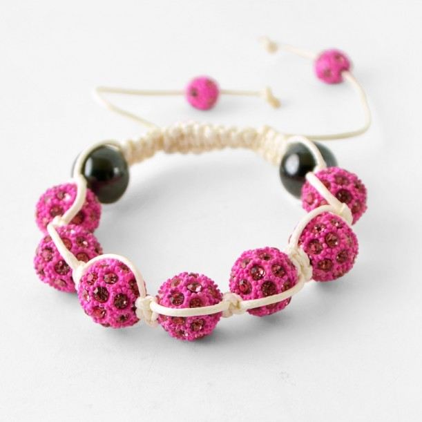 Bracelet shamballa strass rose et cordon blanc